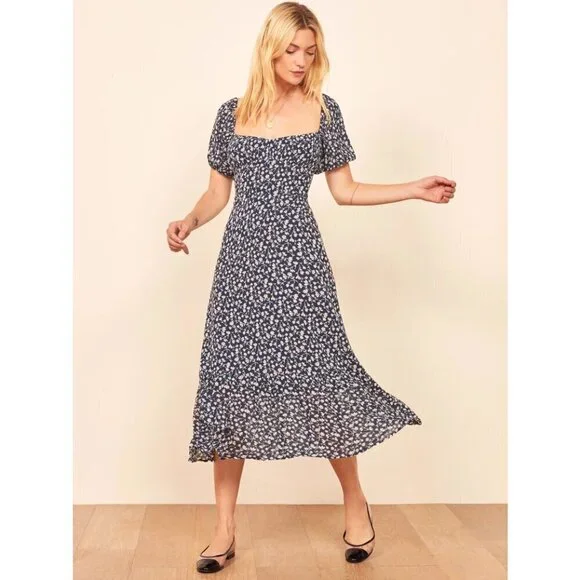 💕REFORMATION💕 Hannah Dress ~ Elyse Blue with White Micro Floral Print 4 NWOT